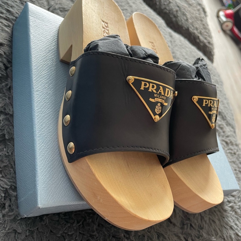 prada logo plaque clog sandals brand new